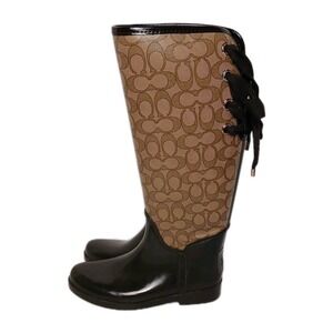 Coach Signature Pattern Knee-High Rain Boots - Dark Brown and Tan Size EU 38 #11